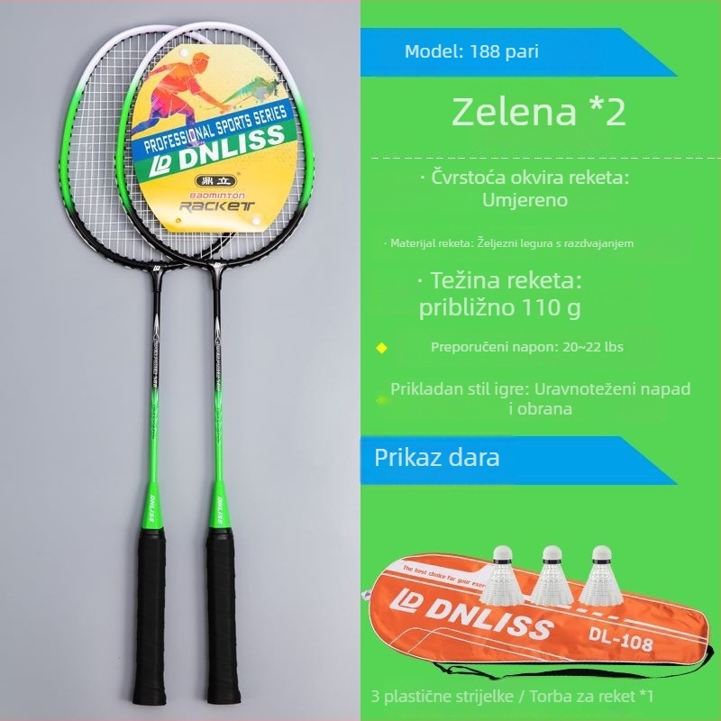 Set badminton reketa – Dingli, okvir od ferroaloj, najlonske niti, težina 90–94 g, debljina drške G2, pravi udarac