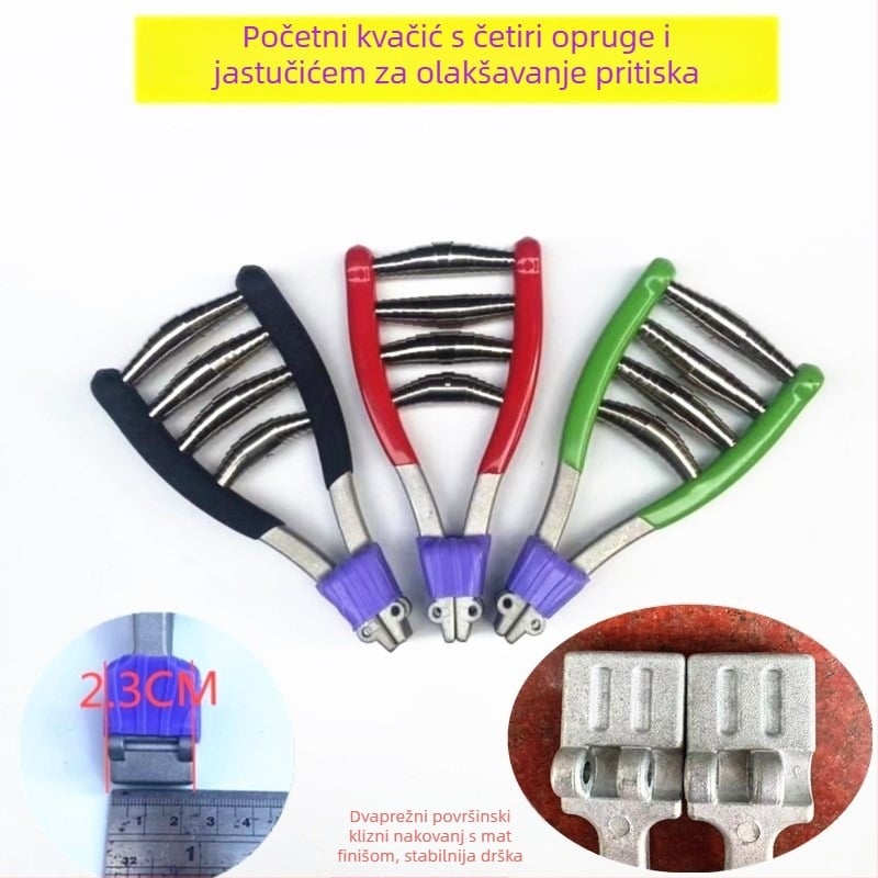 Ručni alat za postavljanje žice na reket badminton/tenis – početni klip sa četiri opruge, alat za fiksiranje; materijal: cinkova legura i opružno čelik