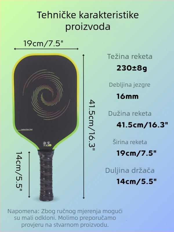 Set pickleball palica od karbonskih vlakana — jezgro: honeycomb + pena, težina 230 g ± 8, površina: tkanasta tekstura, mat završnica, smanjenje buke