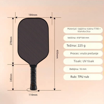 Pickleball paddle od titanskog vlakna i karbonskih vlakana, monolitna konstrukcija za vanjsku upotrebu