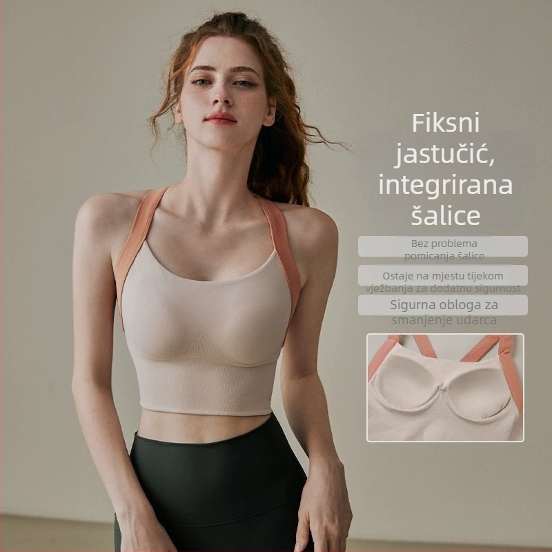 Ženski sportski grudnjak s kalupom Mold Cup, all-in-one za jogu i trčanje; 80% najlon glavni materijal, 20% spandex podstava, fiksirani dvostruki kaiševi, bočna kopča