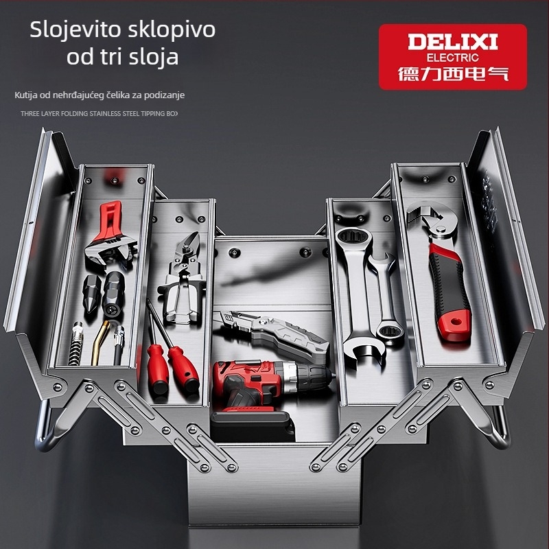 Delixi Electric kutija alata od nehrđajućeg čelika – prijenosna, trostupanjski sklopni nagibni dizajn za kuću i vozilo