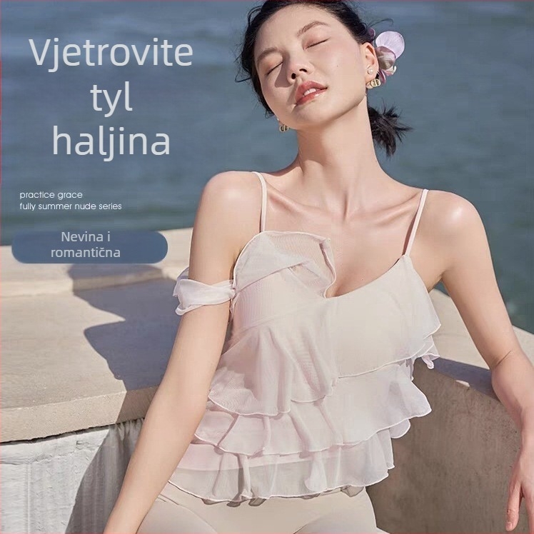 Ženski joga top cami sa slojevitim mrežastim leđnim dijelom, bez naramenica, s uklonjivom jastučićem za prsa, materijal najlon, 75% pamuk + 25% spandeks, neravna duljina, asimetričan dizajn