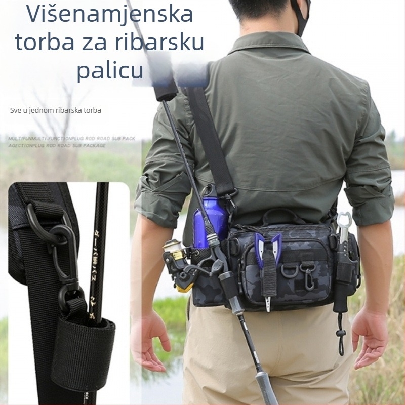 Višenamjenska torba za ribolovnu opremu s držačem štapa, pojasom i naramenicom, crossbody dizajn (PVC materijal; nije vodootporna)