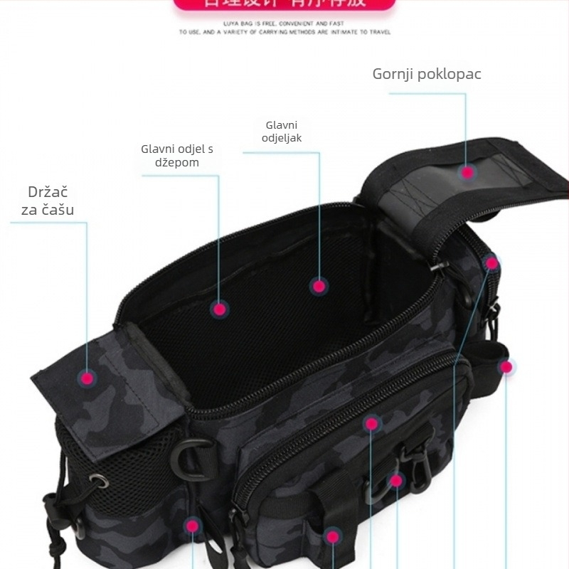 Višenamjenska torba za ribolovnu opremu s držačem štapa, pojasom i naramenicom, crossbody dizajn (PVC materijal; nije vodootporna)