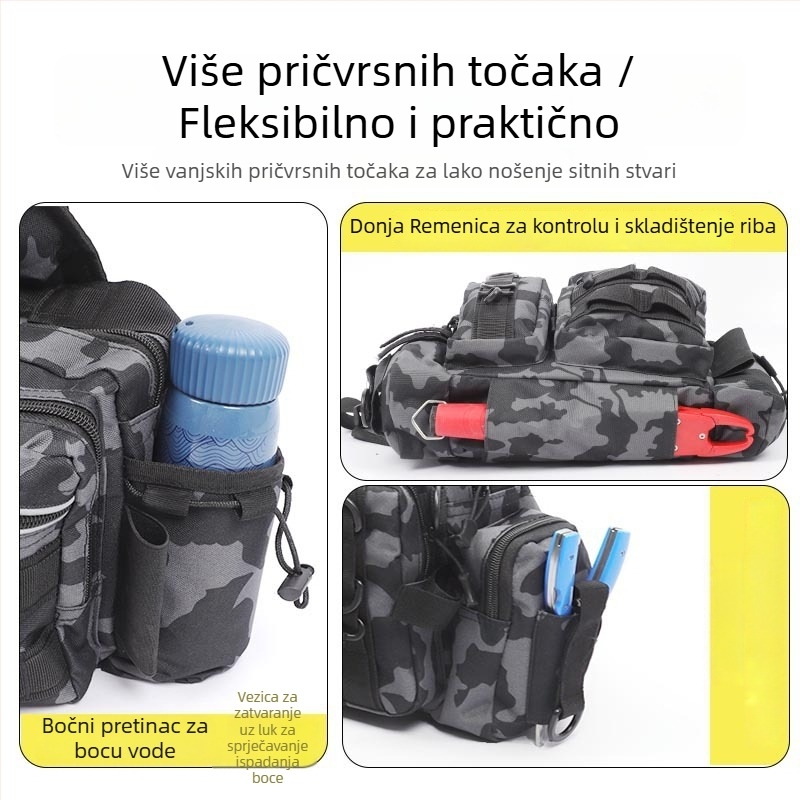 Torba za rijeku ribolov s višenamjenskim odjeljkom za mamce i držačem štapa, Oxford platno, velika kapaciteta, maskirni remen