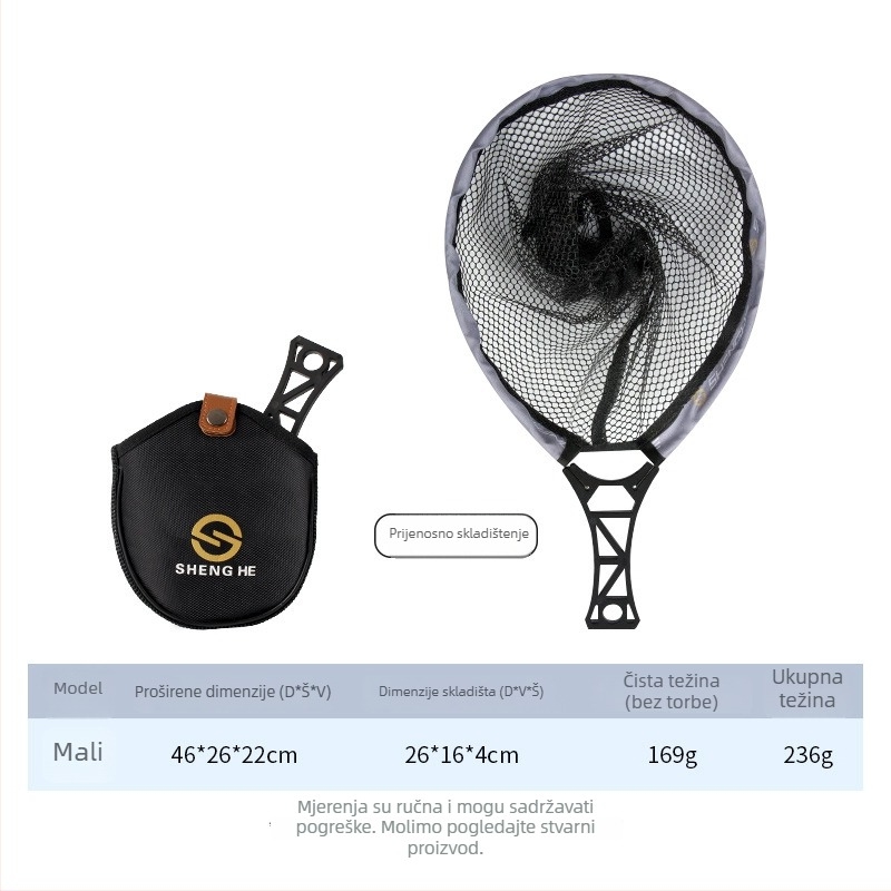 Sklopiva prijenosna mreža za ribolov od najlona za potoke — otvor 26 cm, dubina mreže 20 cm (Materijal: Najlon; Otvor: 26 cm; Dubina: 20 cm; Sklopiva)