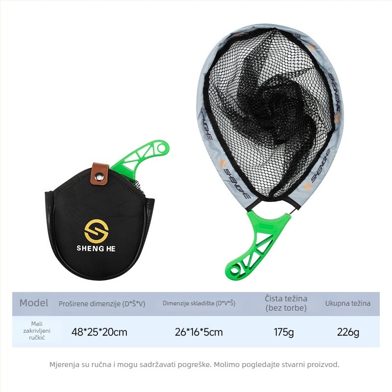 Sklopiva prijenosna mreža za ribolov od najlona za potoke — otvor 26 cm, dubina mreže 20 cm (Materijal: Najlon; Otvor: 26 cm; Dubina: 20 cm; Sklopiva)