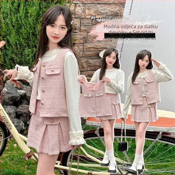 Dječji kostim za djevojčice, stil princeze, pamuk, dvodjelni komplet, mrežasti uzorak, 8+ godina, jesen 2025