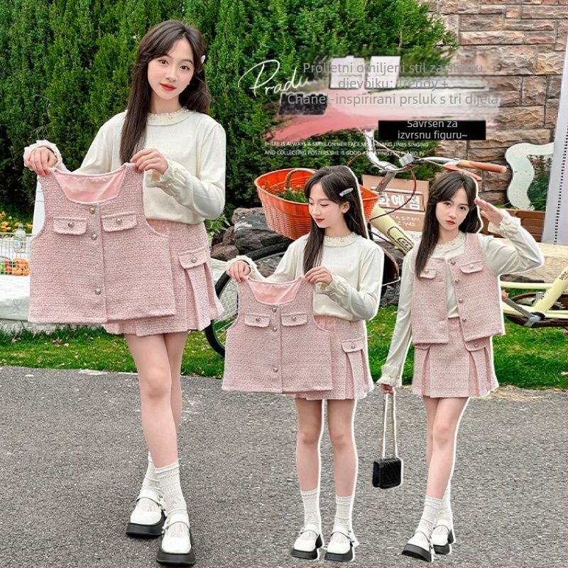 Dječji kostim za djevojčice, stil princeze, pamuk, dvodjelni komplet, mrežasti uzorak, 8+ godina, jesen 2025