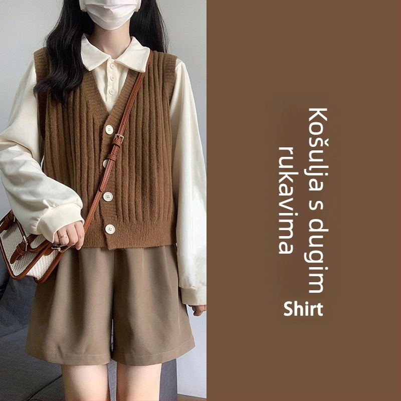 Ženski dvodijelni komplet: pleteni vest i šorc – jednostavan uzorak, poliester tkanina, dugi rukavi, proljeće 2023