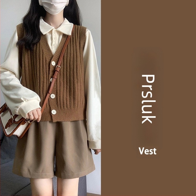 Ženski dvodijelni komplet: pleteni vest i šorc – jednostavan uzorak, poliester tkanina, dugi rukavi, proljeće 2023