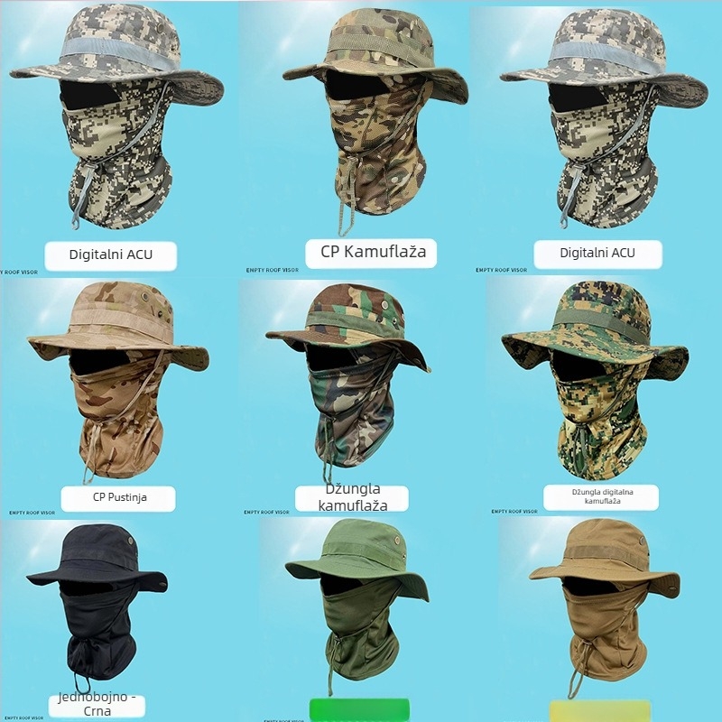 Kamuflirana kapa s okruglim rubom za aktivnosti na otvorenom – vjetrovita Bennie kapa sa šnuralom, unisex, poliester, za planinarenje i ribolov