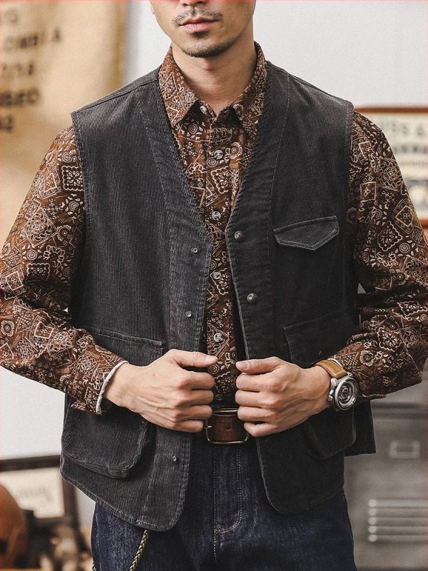 Muški Corduroy prsluk jakna, labav kroj, bez ovratnika, zatvarač, pamuk, trodimenzionalni patch džepovi