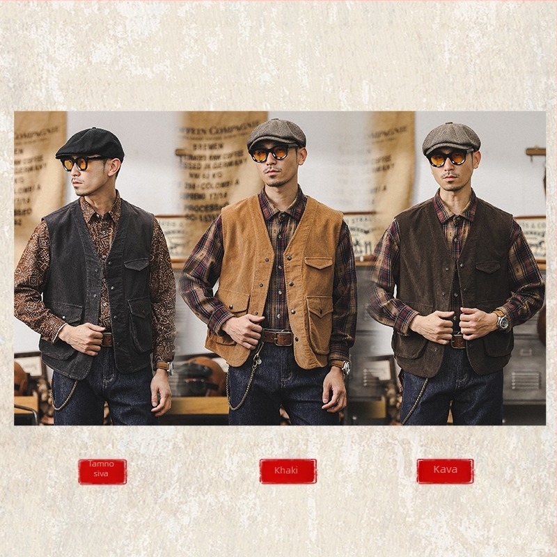 Muški Corduroy prsluk jakna, labav kroj, bez ovratnika, zatvarač, pamuk, trodimenzionalni patch džepovi