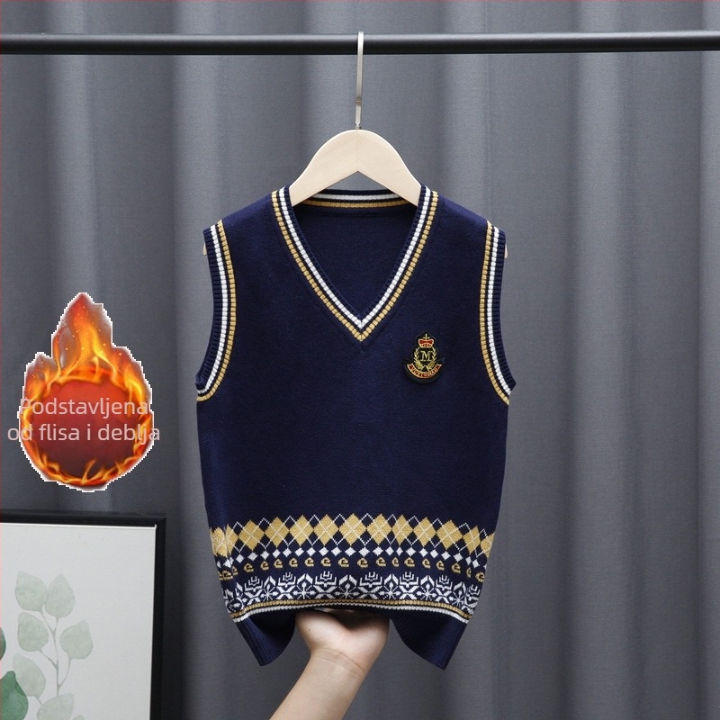 Pletena školska vesta za dječake, pamuk, prugast uzorak, podstavljena fleeceom, debela, pulover stil