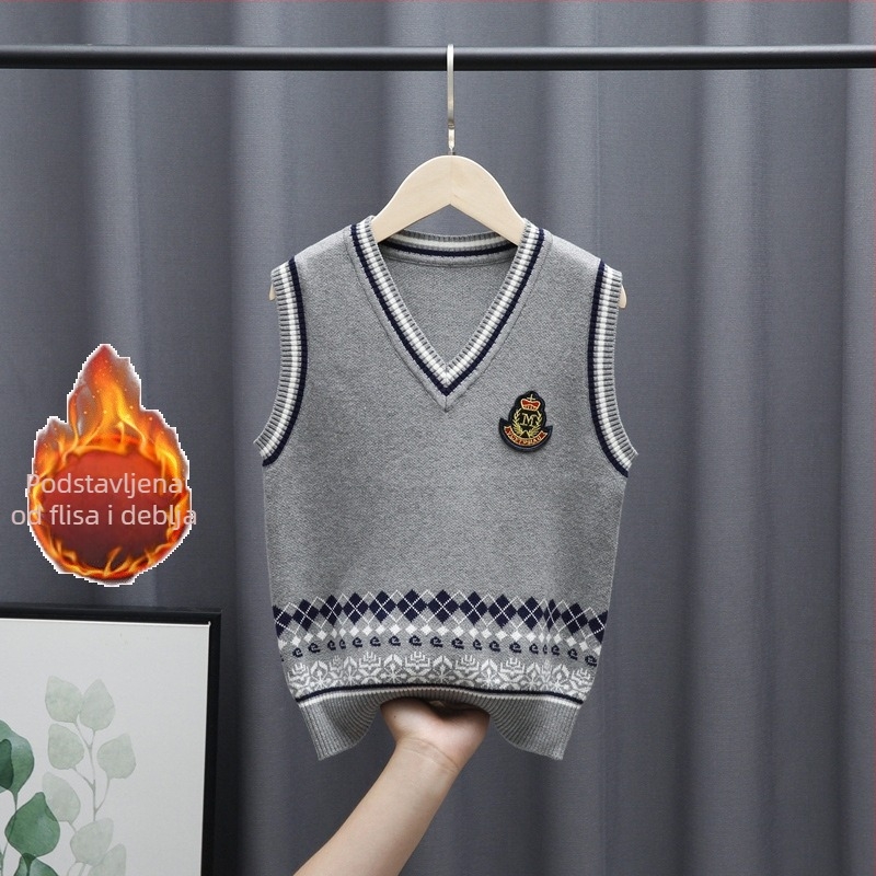 Pletena školska vesta za dječake, pamuk, prugast uzorak, podstavljena fleeceom, debela, pulover stil