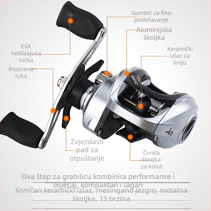 Potpuno metalni kolut za ribolov, s oblikom kapljice vode, za duga bacanja, magnetska kočnica i alarm za vuču