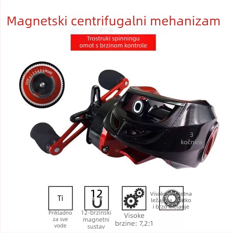Potpuno metalni kolut za ribolov, s oblikom kapljice vode, za duga bacanja, magnetska kočnica i alarm za vuču