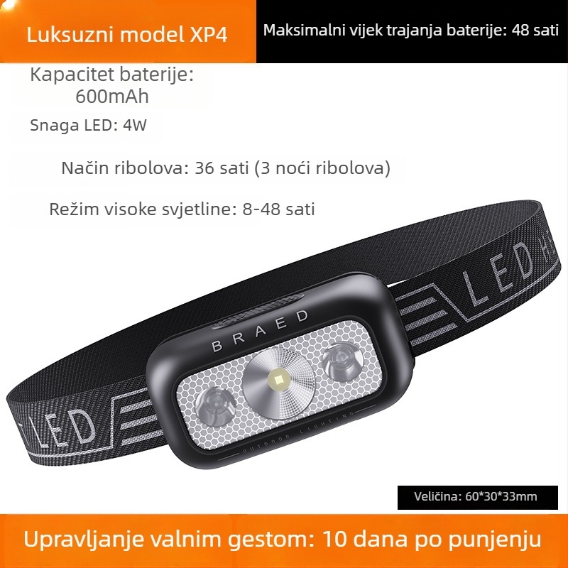 LED čelna lampica za ribolov, punjiva, vodootporna, domet 300+ m, trajanje 8–72 h