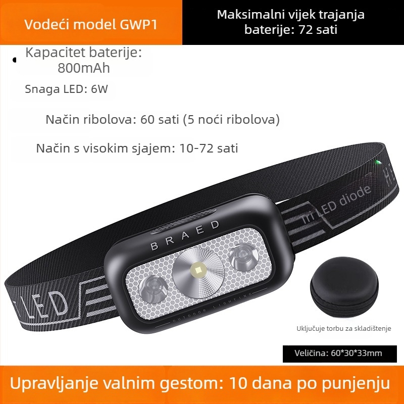LED čelna lampica za ribolov, punjiva, vodootporna, domet 300+ m, trajanje 8–72 h