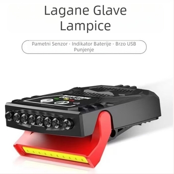 LED čelna lampica s klipom za kapu, senzor, punjiva, ABS kućište, dug život baterije, domet do 50 m