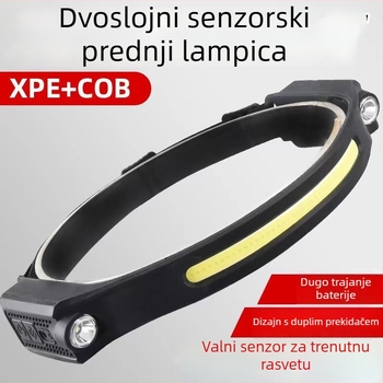 Čelna lampa s dvostrukim COB LED, silikon kućište, USB punjenje, baterija 1200mAh, 5W snage