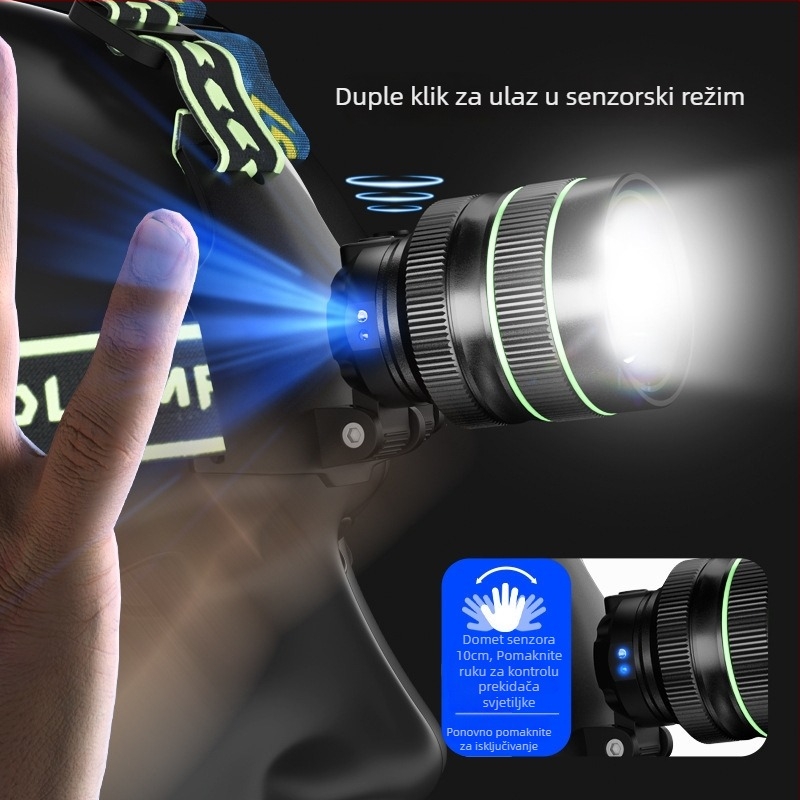 LED čelna svjetiljka, 60W, 6000mAh, ručno napajanje, 360° rotacija, domet 500m