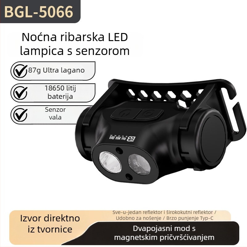LED čelna lampica za ribolov sa senzorom gestova, 20W, 18650 baterija, punjiva, domet do 500 m