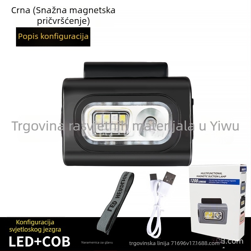 LED čelna lampica s klipom za odjeću, USB punjenje, ABS kućište, LED izvor svjetla, domet do 50 m, pogodna za kampiranje i noćni ribolov