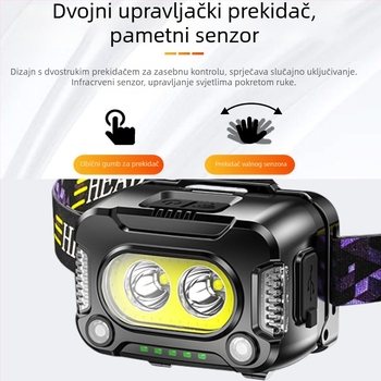 Čelna lampica s pametnim senzorom, punjiva, 10W, 1200mAh, LED+COB izvor svjetla, duga autonomija, domet 100–200 m