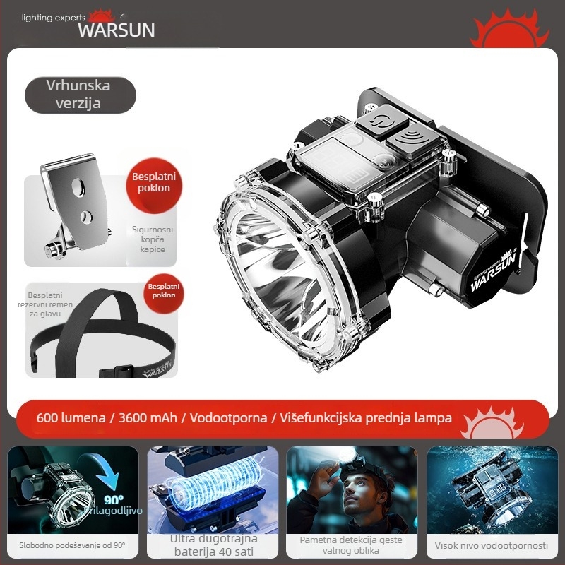 Walmon WE01 LED čelna lampica za noćni ribolov s klipom za kapu, punjiva, 5W, ABS kućište, domet do 500 m