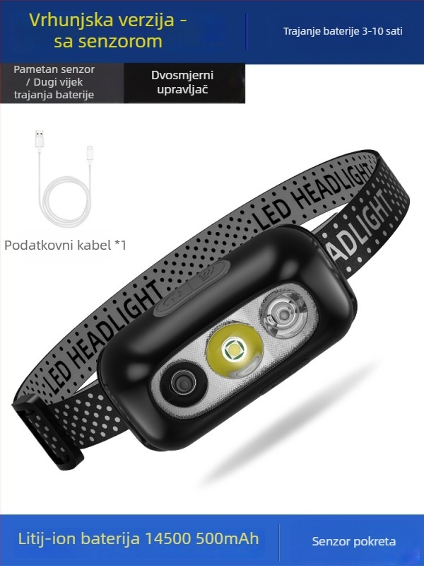 LED čelna lampica za noćni ribolov s punjačem, aluminijska legura, 3W, 800mAh baterija, domet zrake 100–200 m