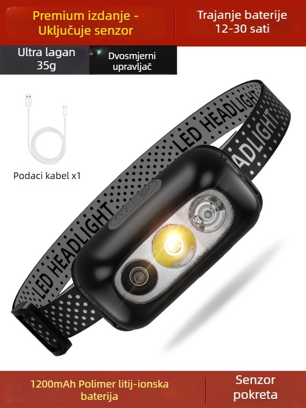 LED čelna lampica za noćni ribolov s punjačem, aluminijska legura, 3W, 800mAh baterija, domet zrake 100–200 m