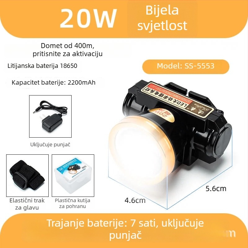 LED čelna svjetiljka, tijelo od aluminijskog legura, punjiva 20W, 2200mAh, ručno napajanje, domet 100–200 m