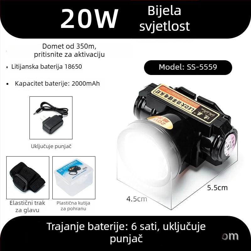 LED čelna svjetiljka, tijelo od aluminijskog legura, punjiva 20W, 2200mAh, ručno napajanje, domet 100–200 m