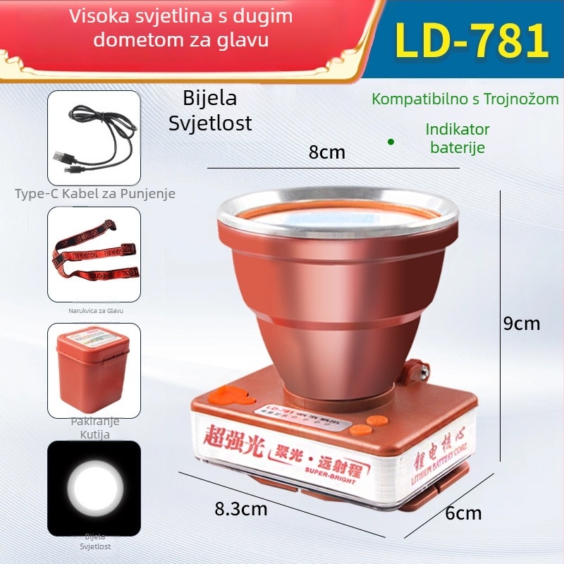 LED čelovka s baterijom 2500mAh, 30–80W, LED izvor, kućište od ABS plastike + aluminijske legure, domet ≥500m