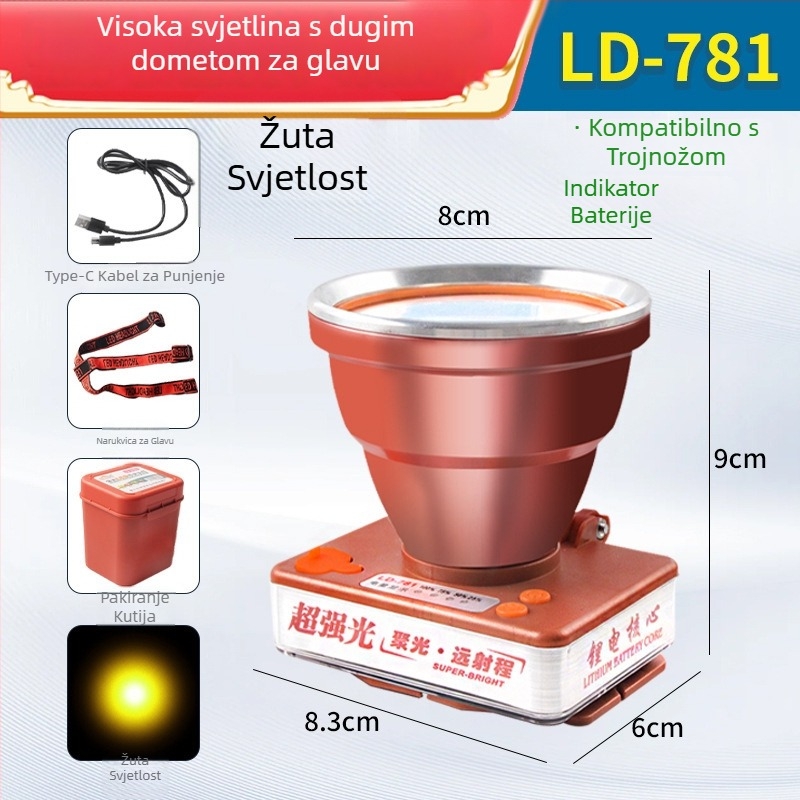 LED čelovka s baterijom 2500mAh, 30–80W, LED izvor, kućište od ABS plastike + aluminijske legure, domet ≥500m