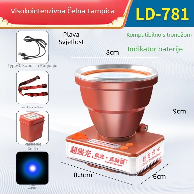 LED čelovka s baterijom 2500mAh, 30–80W, LED izvor, kućište od ABS plastike + aluminijske legure, domet ≥500m