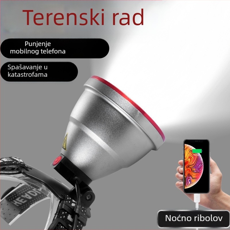 LED čelna lampica s USB punjenjem, aluminijska legura, LED izvor svjetla, ručno napajanje, domet preko 500 m