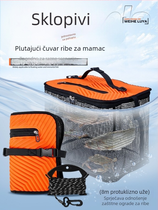Sklopiva velika posuda za ribolov s mrežastom torbom obloženom gumom za brzo sušenje