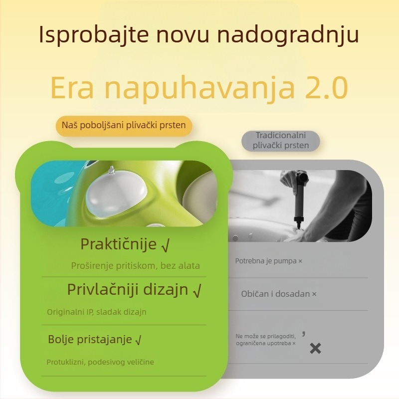 Plivački prstenovi za bebe i malu djecu, jedinstven sustav napuhavanja pritiskom, mekani elastični debeli plivački prsten, crtić uzorak, ekološki PVC