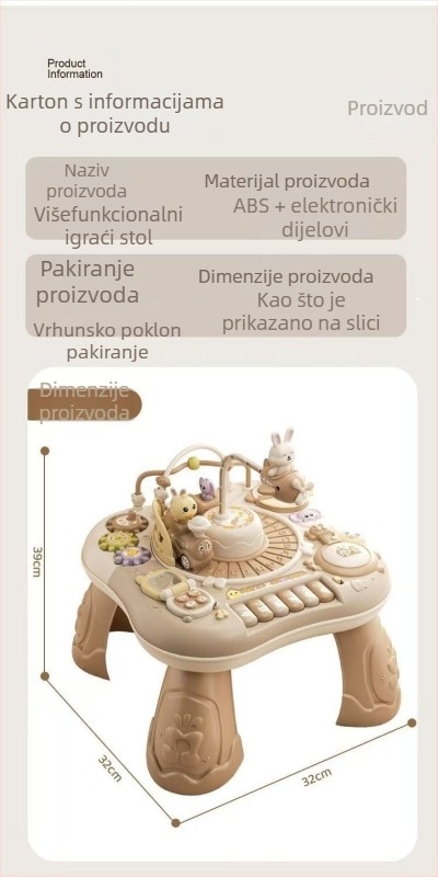 Edukativni stol za igru za bebe i malu djecu, višefunkcionalan plastični stol za unutarnju upotrebu, s kartama društvenih igara, uzrast 0–3 godina