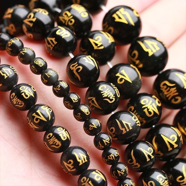 Prirodni brončani crni ahat, polugotove perle s mantrou od šest znakova, slobodne perle za DIY nakit, tibetanski budistički perli