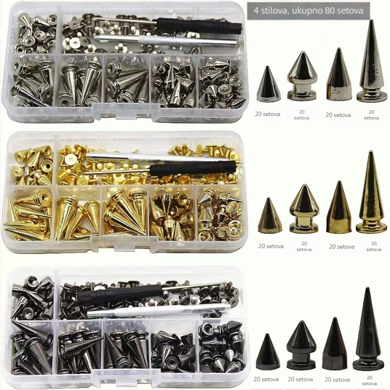 Mogi 80-dijelni set koničnih zakovica od cinkovog legura za odjeću i kožu DIY – dekorativne kapice zakovica i dodaci