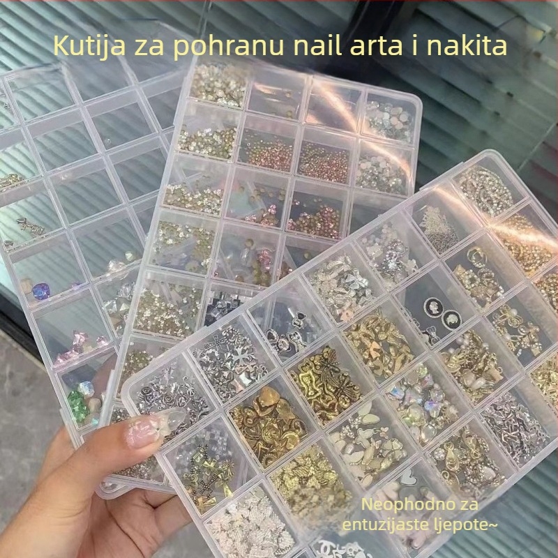 Prozirni organizator nakita s fiksnim pregradama – kutija za manikuru, prstenje, naušnice, perle i dodaci za kosu