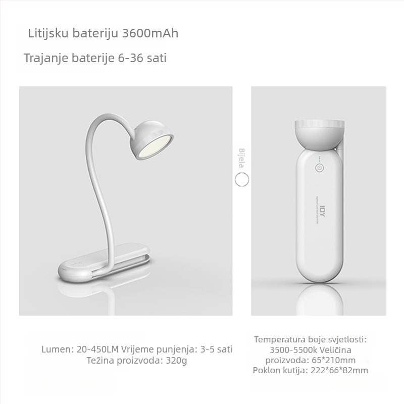 Lampa za stol s zaštitom očiju, dvostruki izvor svjetla, prijenosna, s ugrađenom litijskom baterijom, ABS sjenilo, za učenje i čitanje.