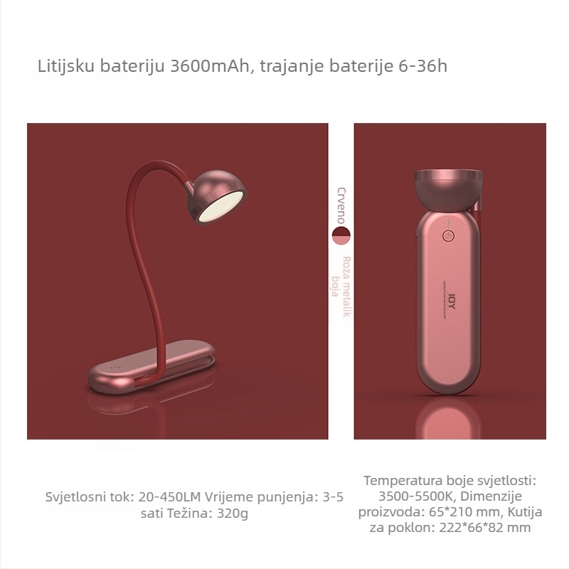 Lampa za stol s zaštitom očiju, dvostruki izvor svjetla, prijenosna, s ugrađenom litijskom baterijom, ABS sjenilo, za učenje i čitanje.