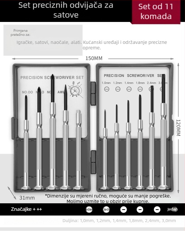 Set odvijača za satove s križnim i ravnim vrhovima, visoke čvrstoće od karbonskog čelika, za popravak i demontažu satova