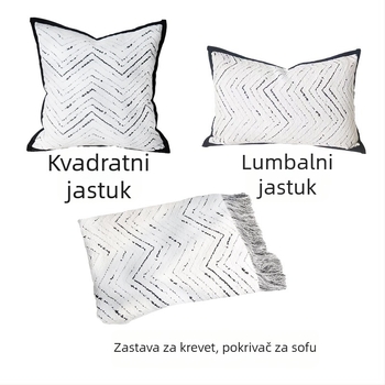 Nordijski stil, crno-bijeli uzorak riblje kosti na kraju kreveta, deka za kauč i jastučnica